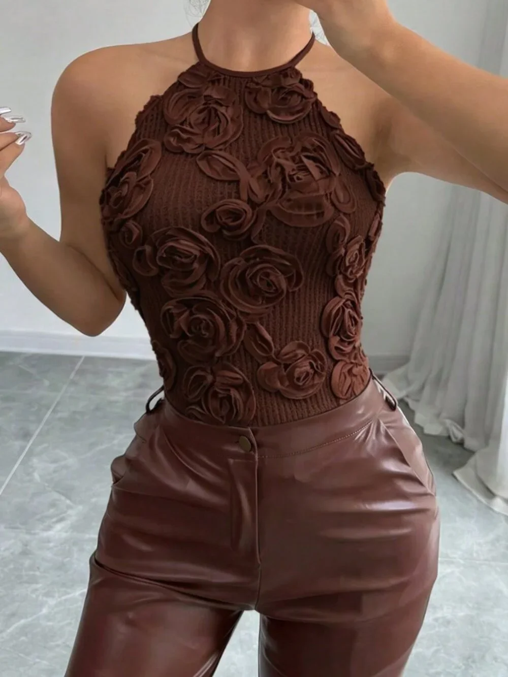 Coffee Brown Boho Casual Women's Floral Halter Neck Tie-Back Camisole Top - Picture 5 of 6